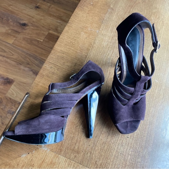 Marni Strappy Suede Purple Brown Platform Heels Peep Toe T-Strap size 40/US 10 - Picture 16 of 16